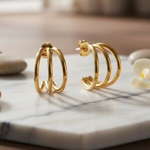 Minimalist Triple Hoop Earrings 18K Gold Plated Stainless Steel Small Dainty